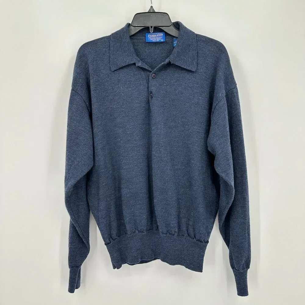 Vintage Pendleton Sweater Mens‎ XL Blue Merino Wool Ribbed Knit Collared Flaw